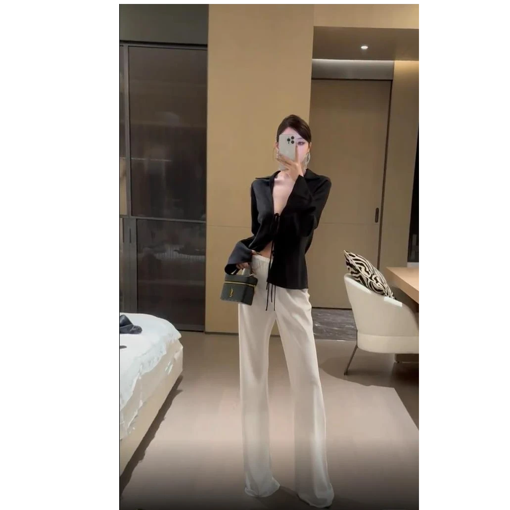 2025年夏季新款休闲时尚V领垂感绑带上衣配高腰休闲缎面长裤套装