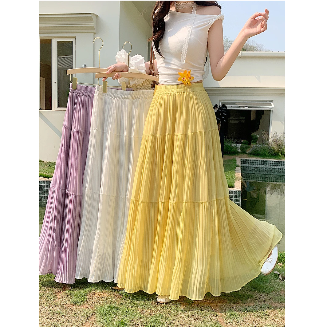 2025夏季新款胖mm大码百搭甜美垂坠感百褶一字裙伞裙蛋糕半身裙女