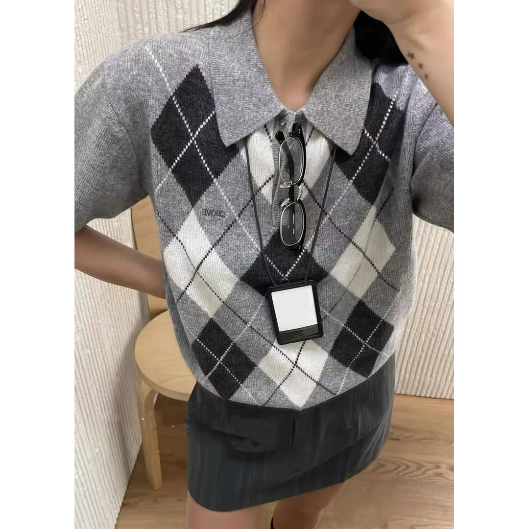 【菱格POLO衫短袖】早春撞色菱格POLO衫短袖学院风气质上衣1290