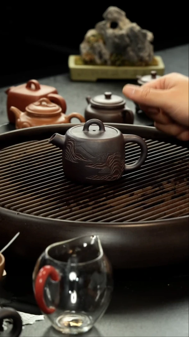 茶壶紫砂立*柴烧 炮嘴汉瓦壶 刻绘山水