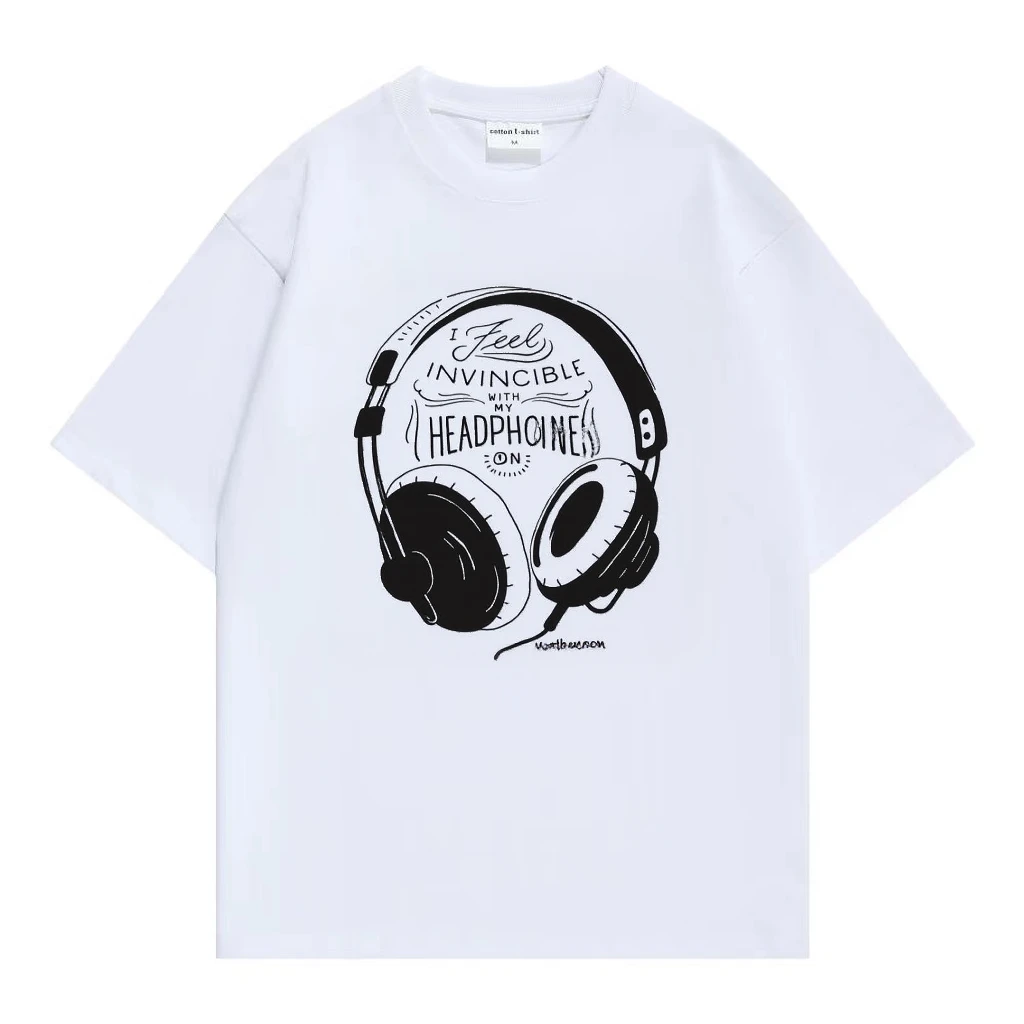 320g重磅纯棉美式圆领耳机图案印花夏季短袖T恤街头潮流休闲宽松