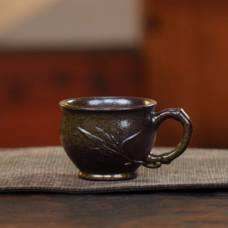 手工杯 | 宜兴紫砂 柴烧茶叶末釉 竹叶手把杯