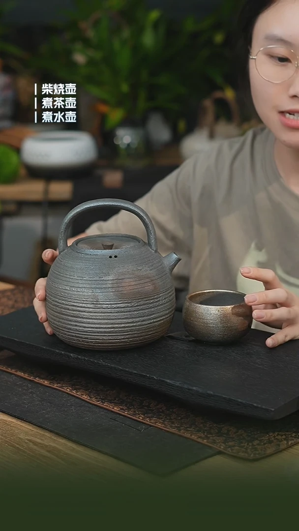 铁胎柴烧1200cc 一壶一龙窑禅定杯（可备注有字无字）