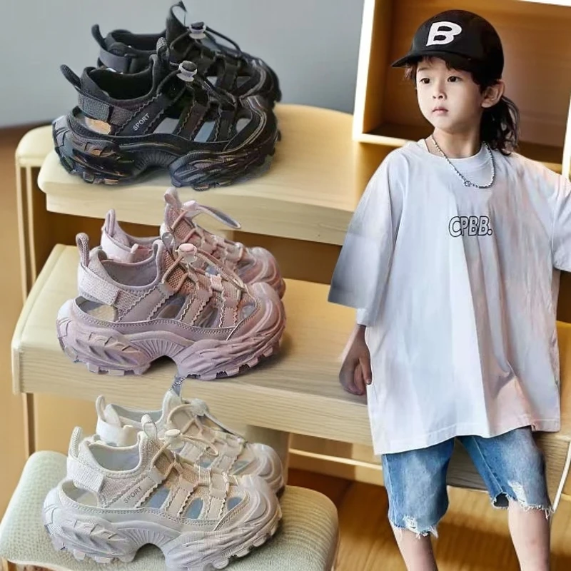 ABC儿童凉鞋男童黑色包头透气镂空老爹凉鞋2025夏季新款休闲鞋