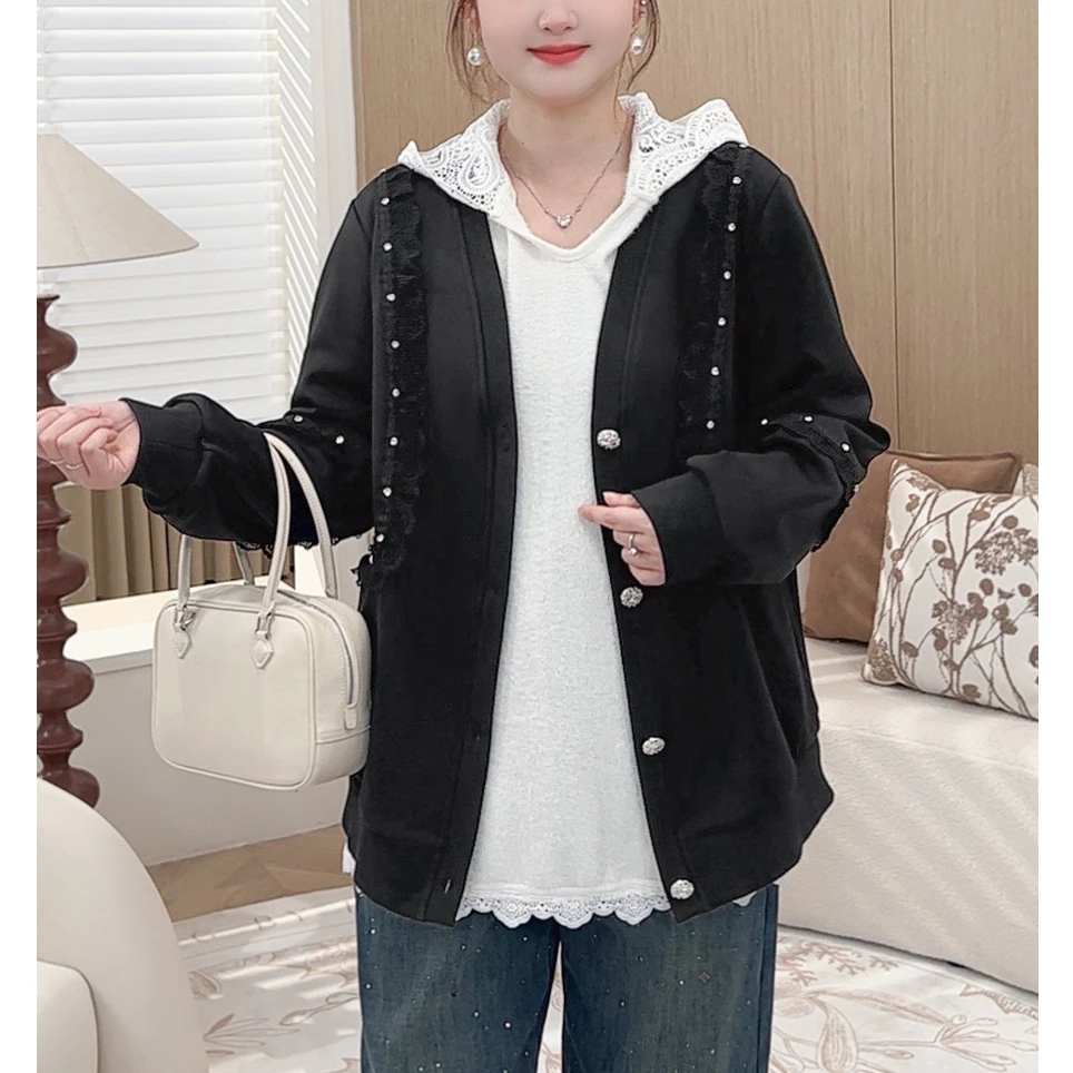 【加绒加厚百搭卫衣外套】MsShe大码女装新冬钉钻银狐绒E2411048