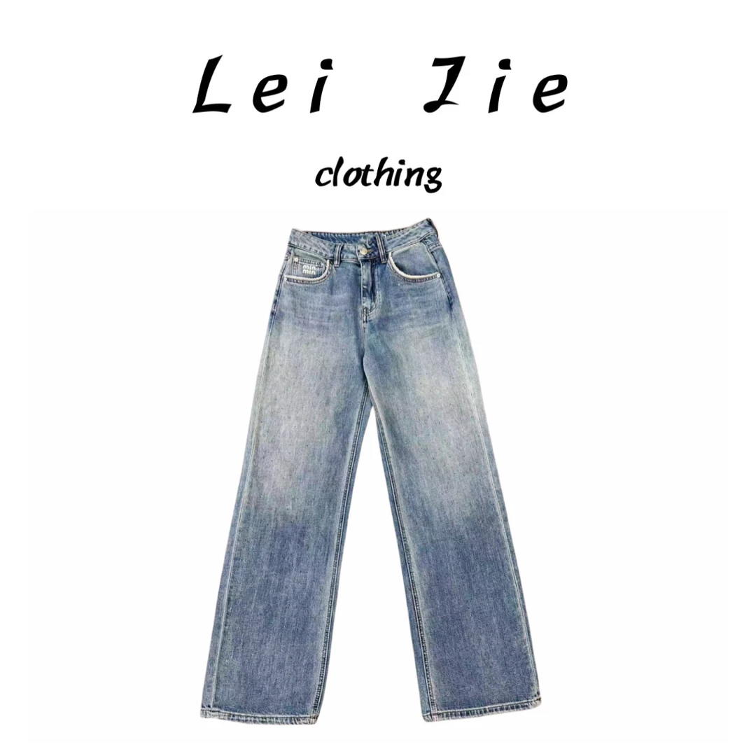 【Lei Jie】“早春新款”欧货满钻蕾丝边薄款阔腿牛仔裤6650