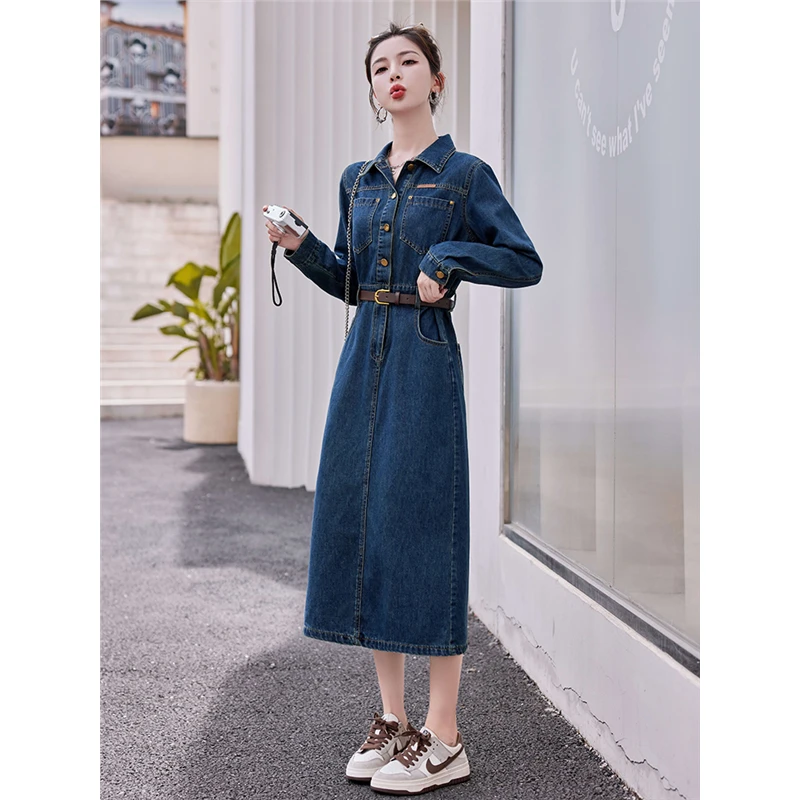 高级感港风牛仔连衣裙女2025秋季新款复古气质翻领收腰显瘦衬衫裙