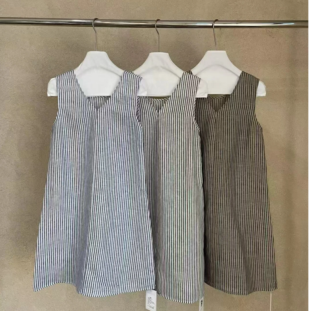 十三行Double-夏季福秒100亚麻V领条纹无袖连衣裙#37028