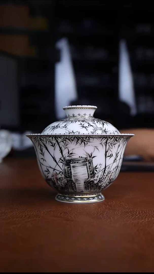 景德镇全手绘诗文墨彩竹子盖碗