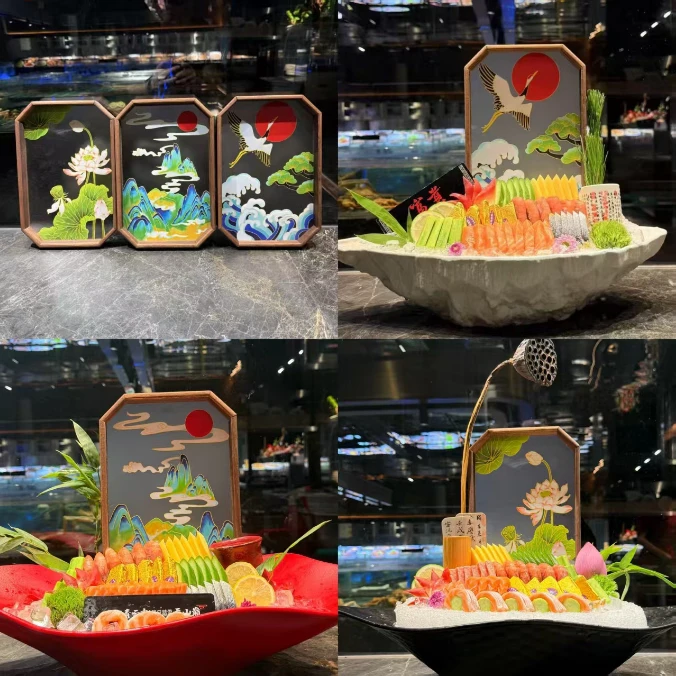 海鲜姿造摆盘装饰品中式荷花背景盘刺身摆盘背景盘刺身拼盘装饰