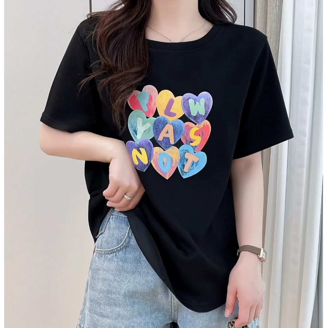HXY2326爱心字母印花时尚T恤大码女装显瘦休闲短袖上衣夏季套头衫
