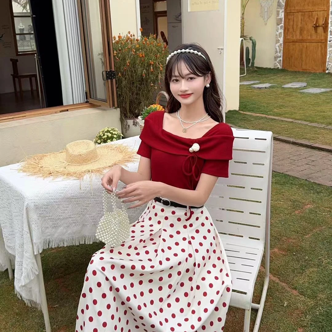 泡泡袖修身显瘦纯色短袖上衣高腰褶皱中长裙轻职风女性连衣裙夏季