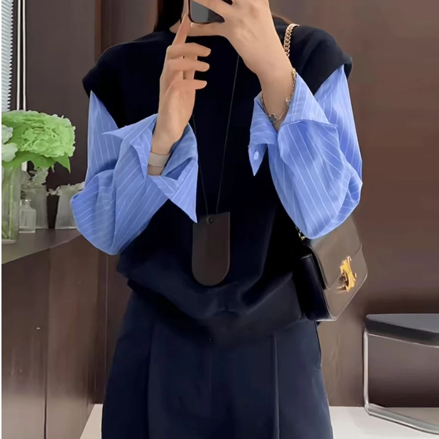假两件拼接马甲条纹衬衫上衣#977555（颜色领口细节以直播间为准）