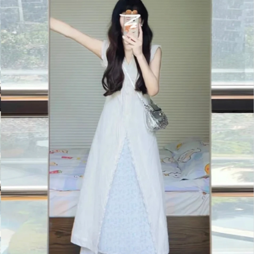 温柔气质套装叠穿开叉设计感花边连衣裙女夏季碎花A