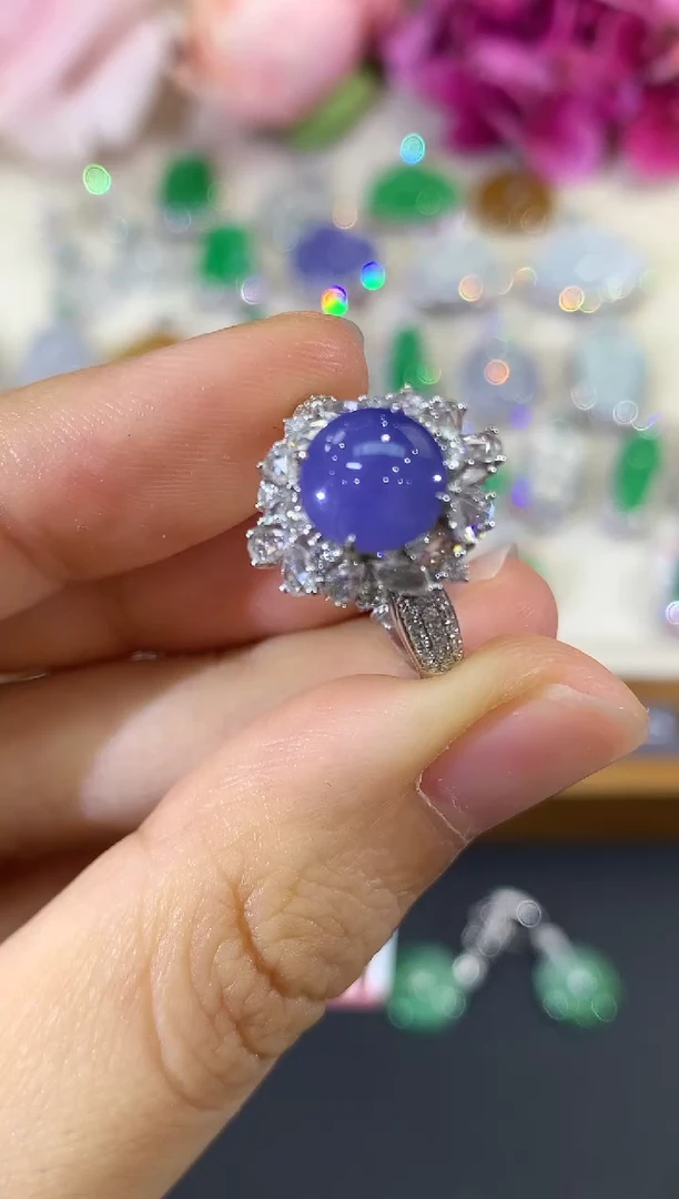 18K金镶嵌戒指翡翠B168 紫货有色差