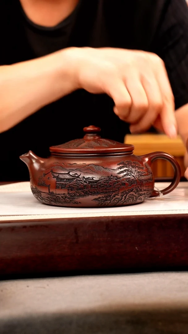 茶壶紫砂铁皮石红 大寒江 刻绘