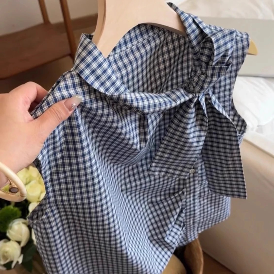 法式蝴蝶结系带无袖格子衬衫女2025新款夏季茶里茶气别致小衫上衣