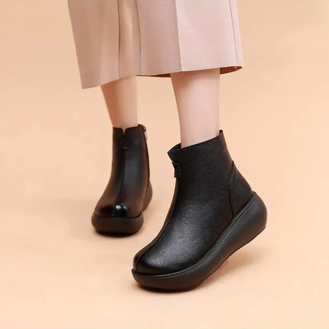 棉鞋女冬2025新款民族风加绒短靴女坡跟厚底松糕跟休闲软皮女靴子