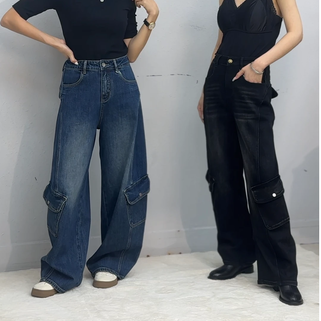 【49短裤】女秋季牛仔裤辣妹高腰显腿长裤子薄款阔腿裤长裤裤子