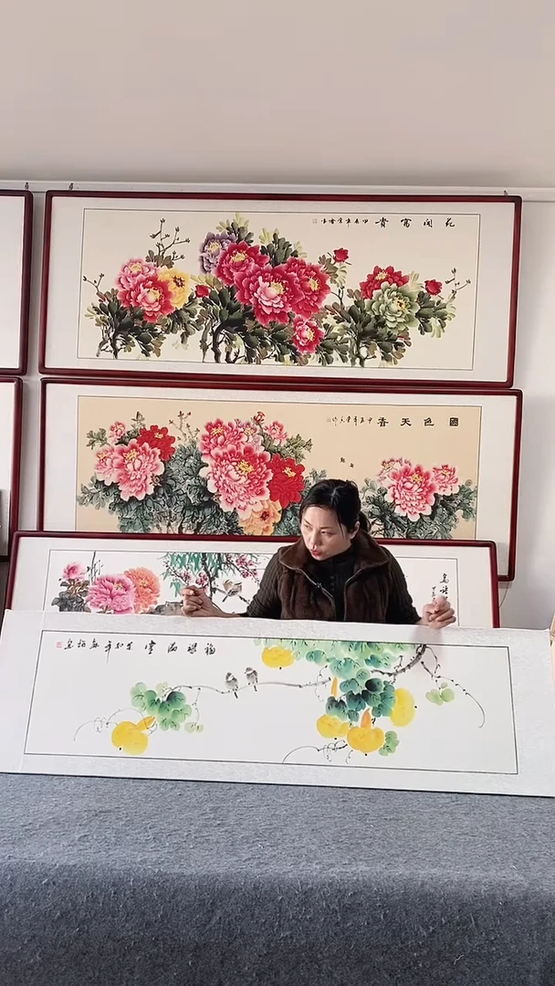 国画纯手绘国画165*50带框装饰挂画