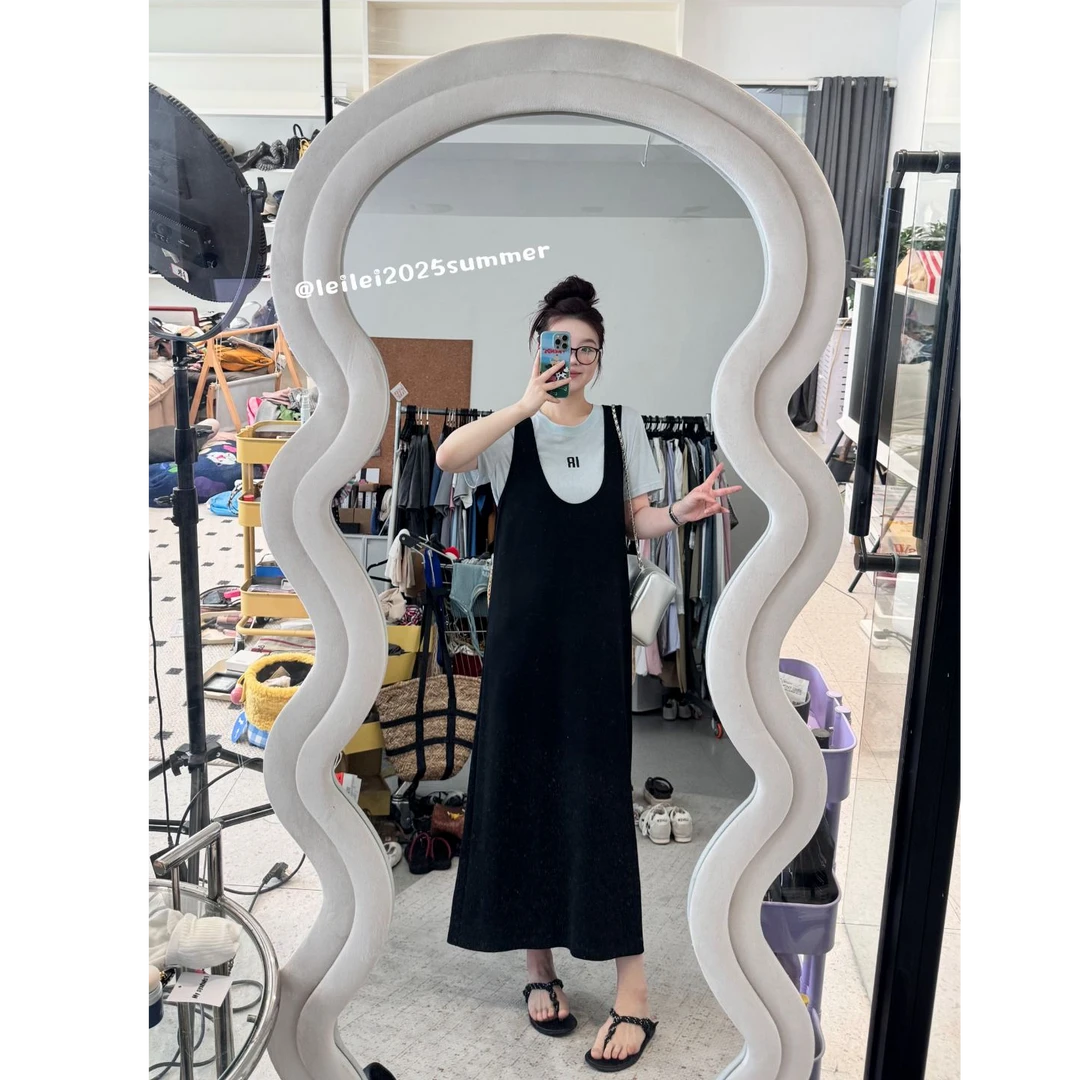 晶咕【纵享丝滑】胸前字母刺绣短袖T恤+大U领纯色背心连衣裙