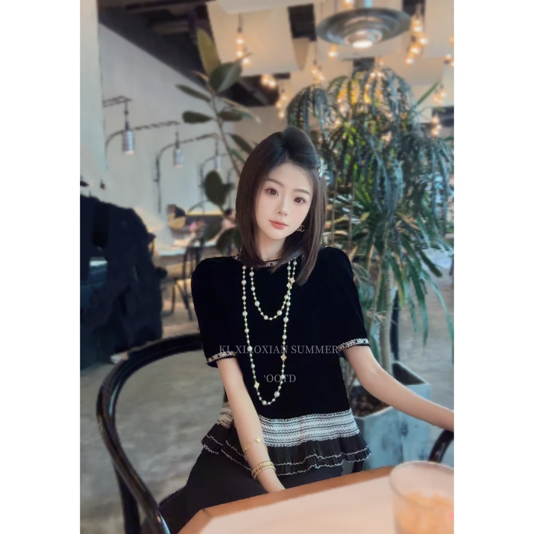 减龄高级感撞色花边织带丝绒短袖上衣K0622