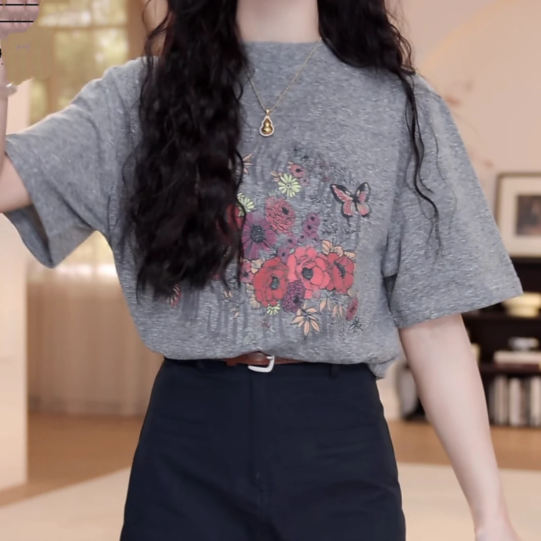 蝴蝶花印花短袖百搭夏季上衣T恤2025早春新款休闲百搭半袖