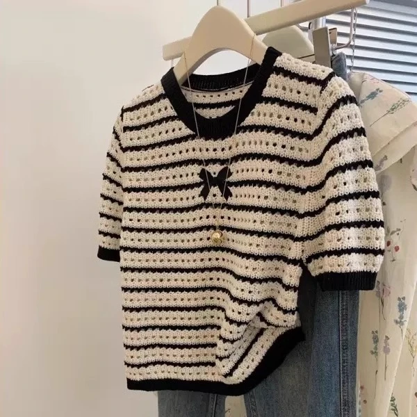 小香风撞色条纹正肩T恤女2025夏季防晒新款大码胖mm漂亮小衫上衣