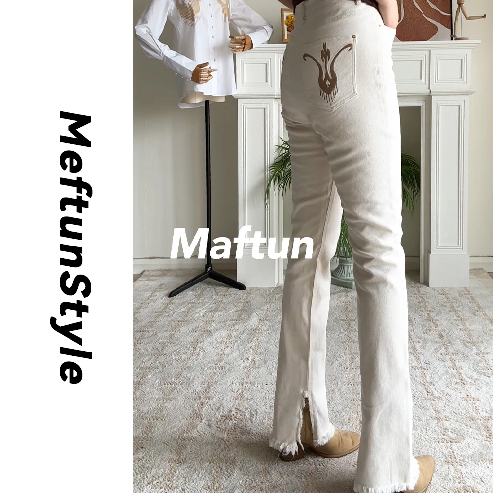 Maftun刺绣百搭卡其色修身长款法式显瘦高腰夏季长裤白色牛仔裤