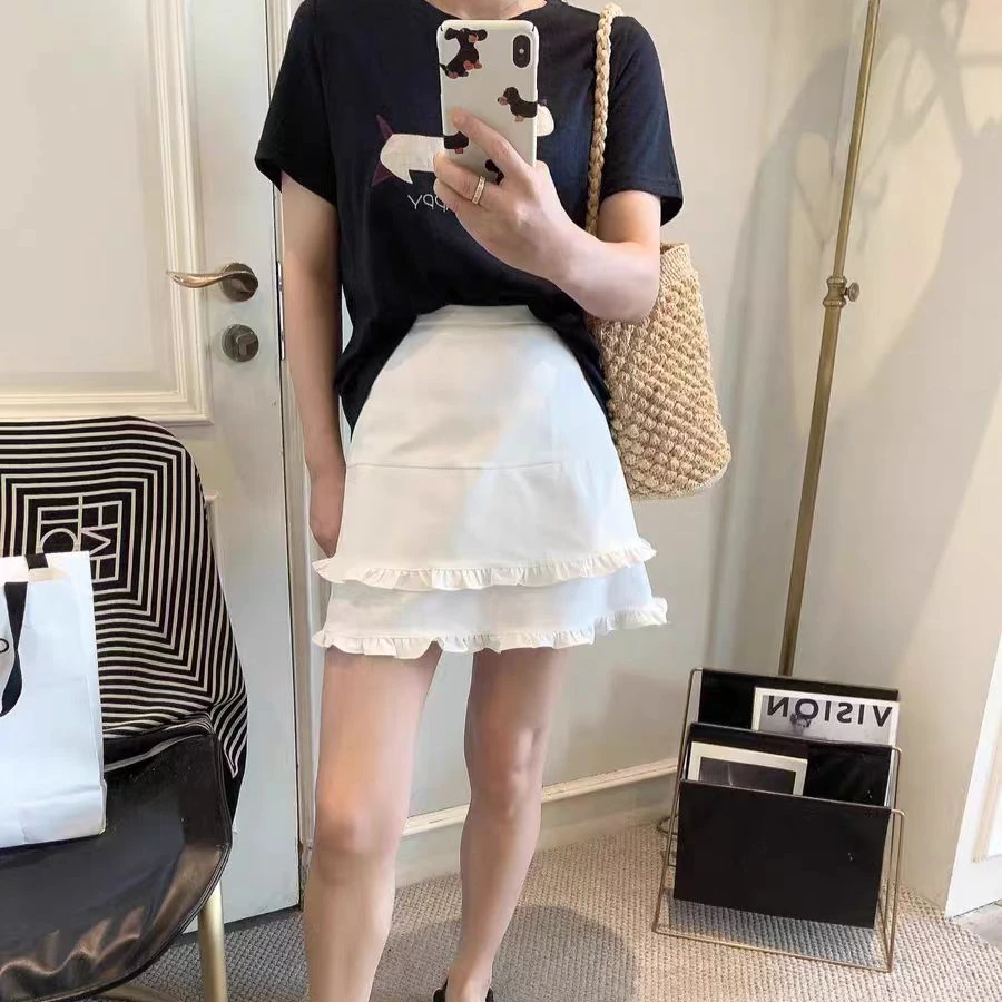 时尚百搭夏季不规则双层木耳边A字裙新款高腰显瘦防走光半身裙女