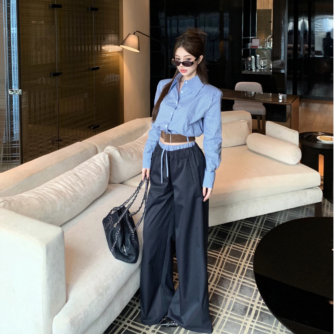 蓝色条纹polo领长袖通勤衬衫女秋季时尚套装拼接休闲阔腿裤两件套