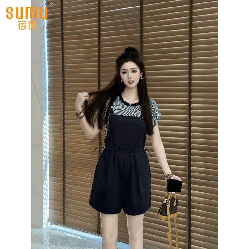 宿慕SUMU女士夏季条纹短袖T恤背带短裤两件套装新款休闲显瘦560
