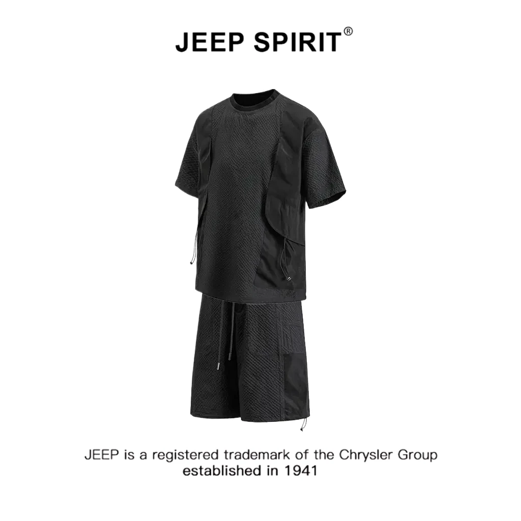 JEEPSPIRIT吉普美式大码小众短袖套装夏季男士工装薄款上衣两件套