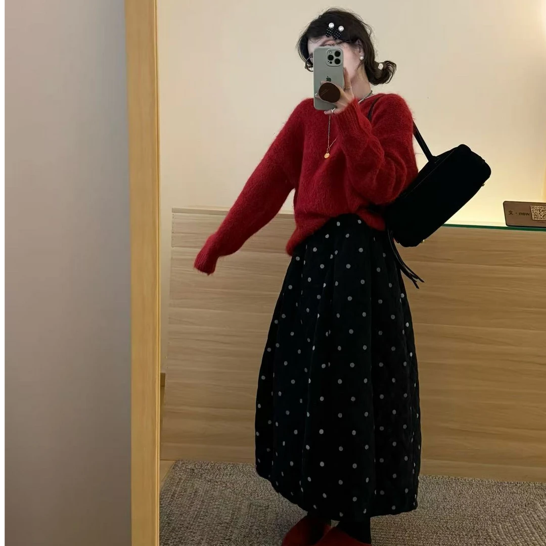 圣诞新年红色针织毛衣波点半身裙女秋冬2026新款独特漂亮一整套