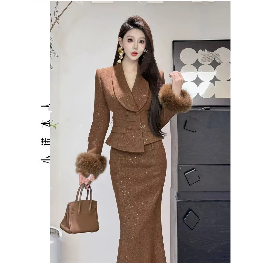 梦想服饰秋冬季新款高级设计感气质气质收腰显瘦裙俩件套5071