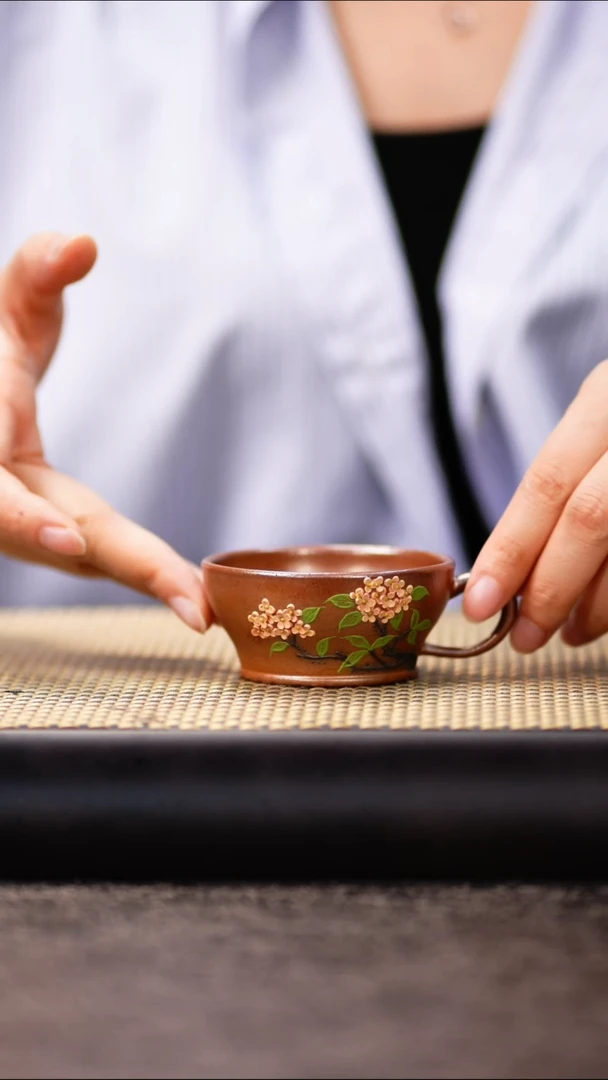 8小鱼沉香木柴烧绣球花把子杯