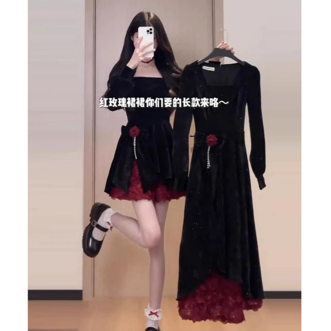 大码女装时尚设计感玫瑰丝绒拼接假两件长裙胖MM收腰显瘦连衣裙女