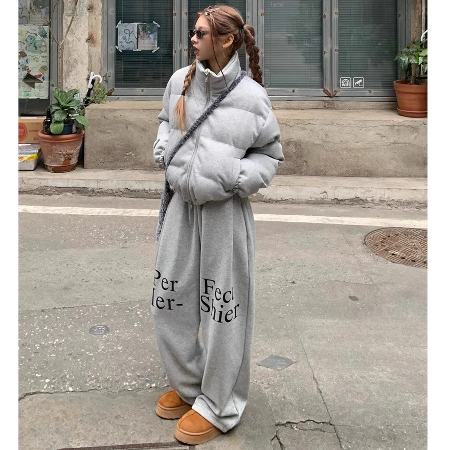 美式复古字母印花加绒加厚棉服女冬季百搭直筒阔腿休闲裤时尚套装