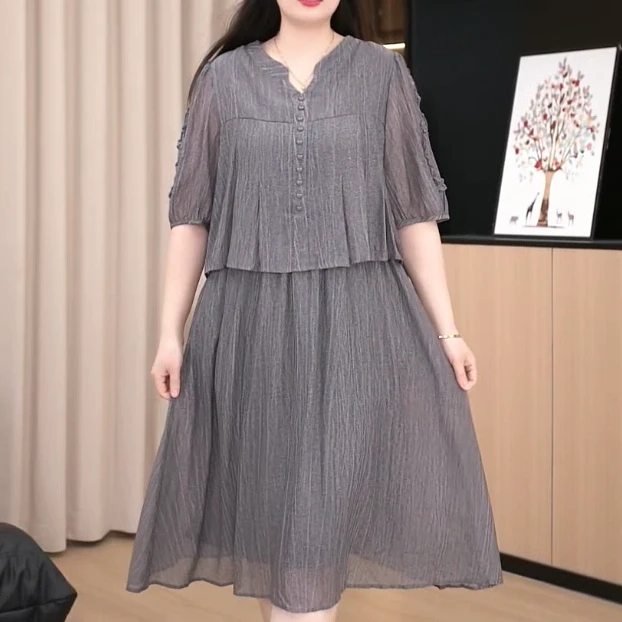 大码女装女装显瘦短袖假两件连衣裙ZB6016