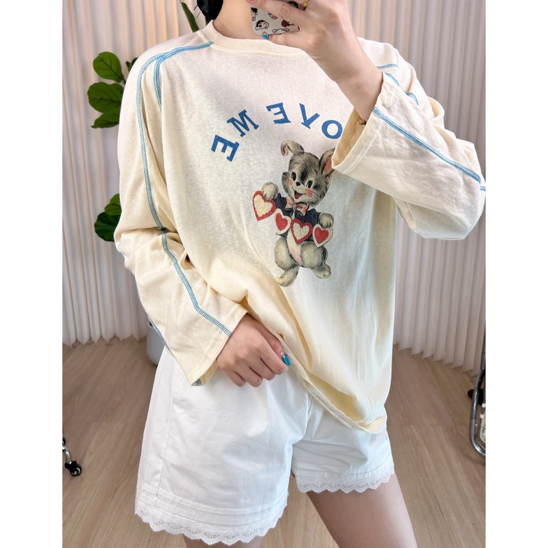 【雪花棉罩衫系列】爱心兔子明色撞线女长款Oversize均码罩衫BNN011