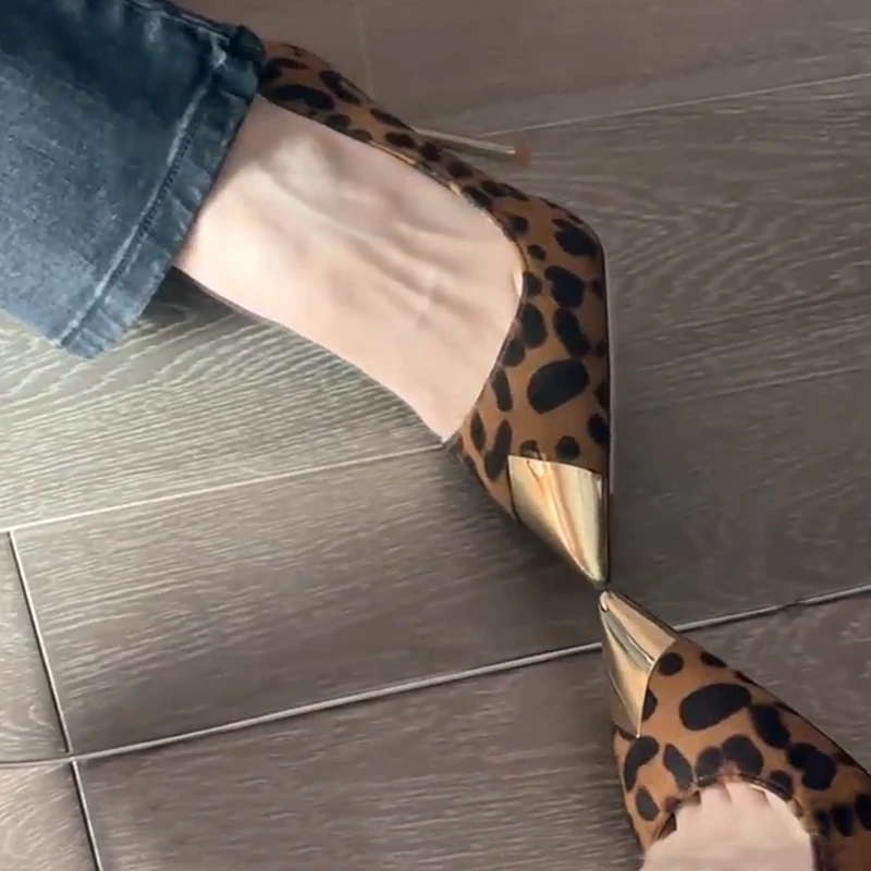 欧美秋季新款约会性感御姐时尚豹纹10cm高跟鞋女尖头细跟浅口单鞋
