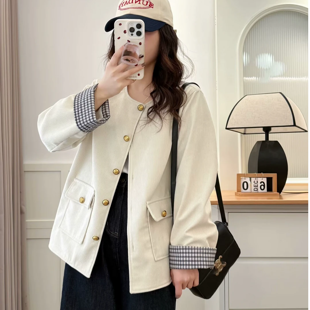 大码210斤新款显瘦韩小香风圆领拼接格纹外套百搭洋气遮肉显瘦胖