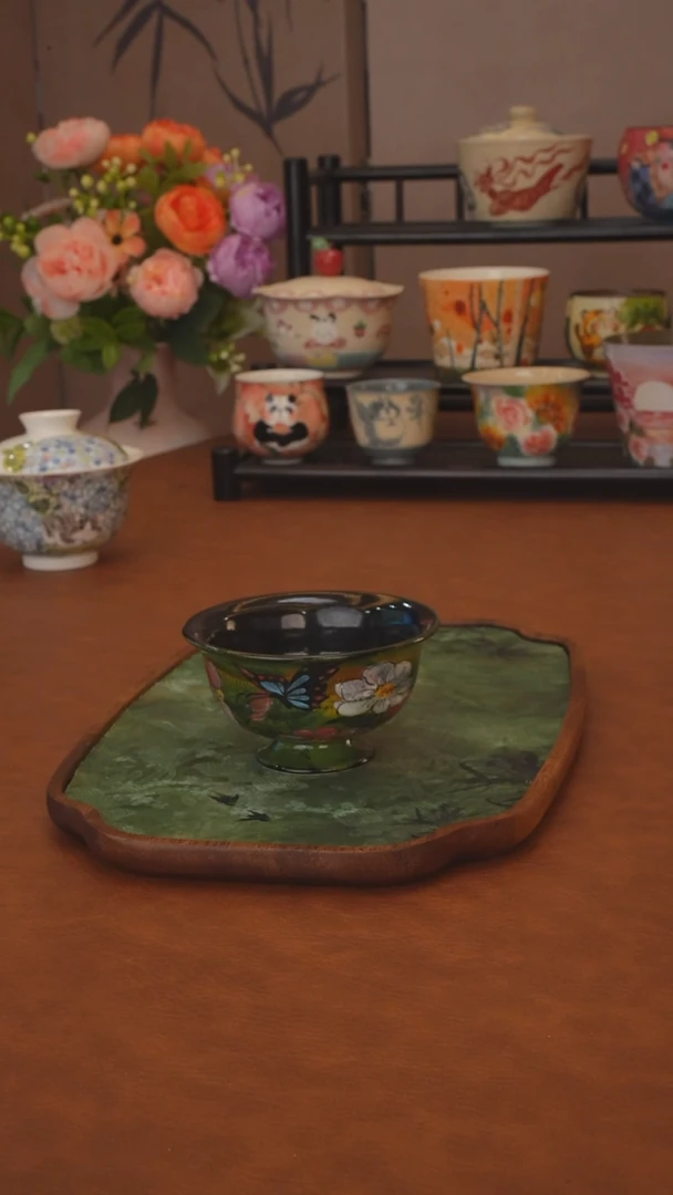贰俩系列 五彩高脚普洱杯