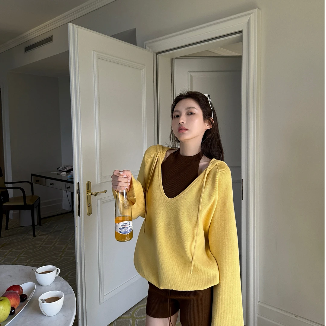 MISU/糜素抽绳连帽深V领外搭长袖针织衫女早秋休闲宽松简约外套