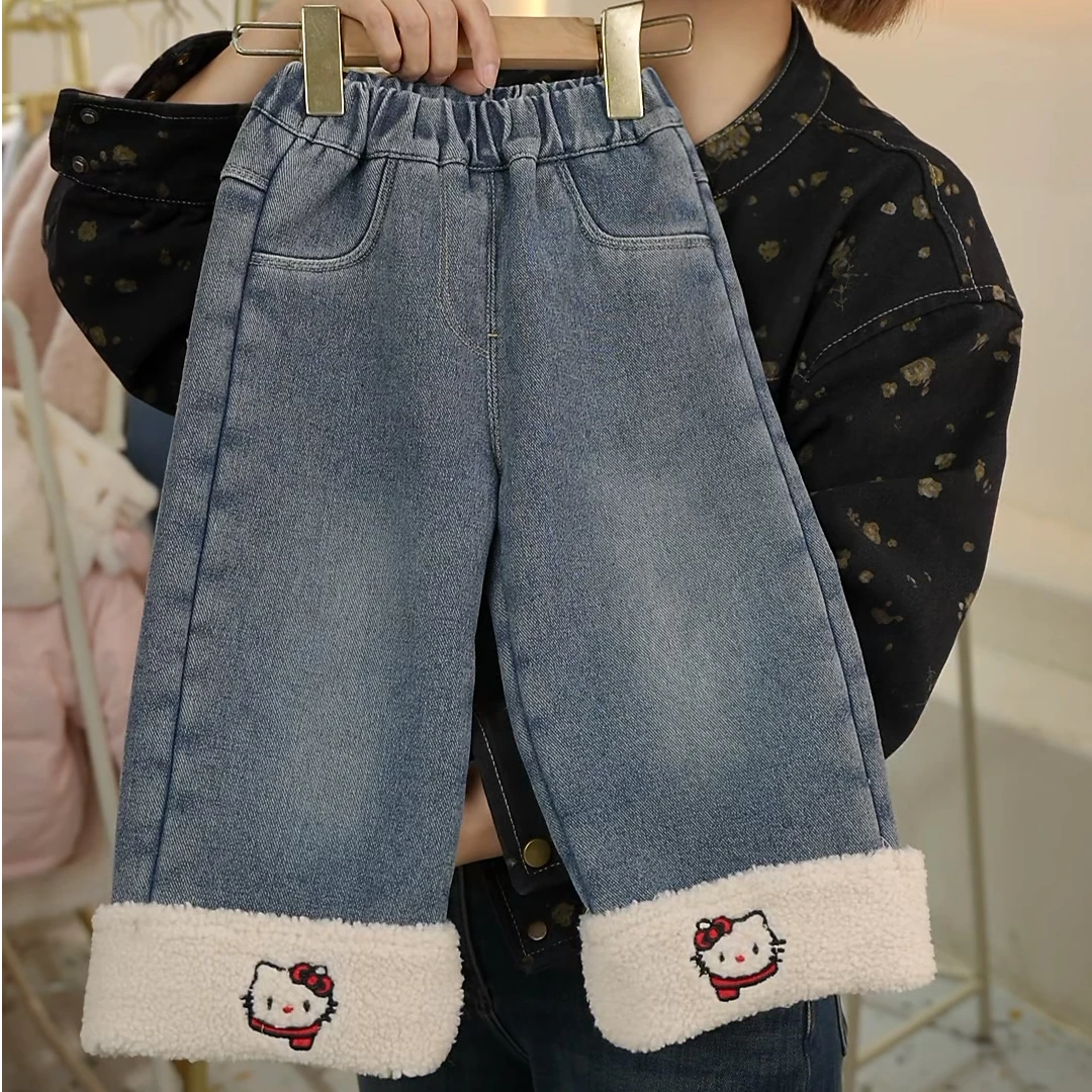 FF475女童冬季加绒加厚保暖猫咪刺绣牛仔裤