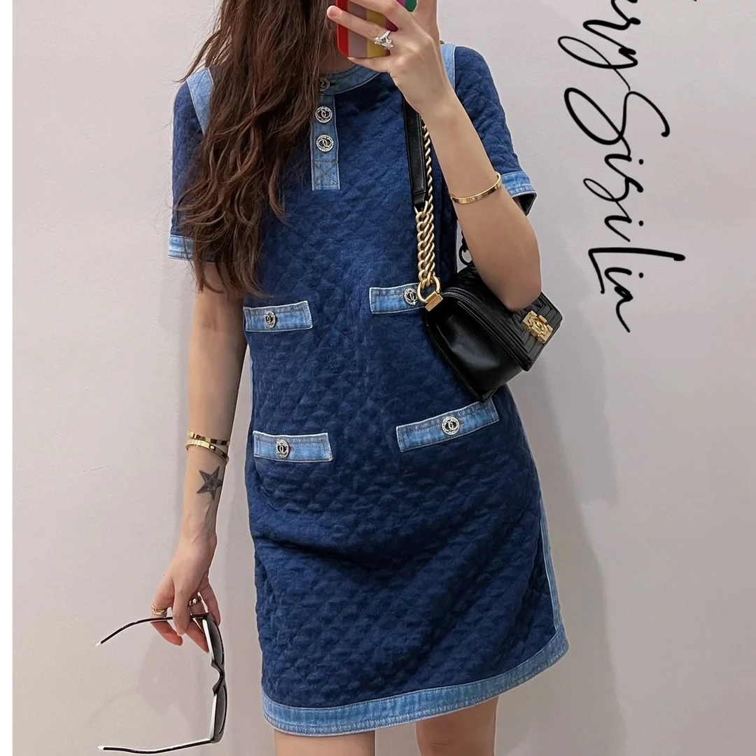 99新 Chanel/香奈儿 36码蓝色菱格纹拼牛仔双C钻扣连衣裙