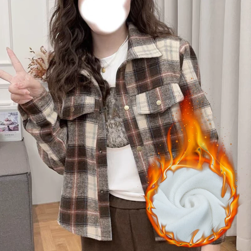 加绒加厚小个子短款撞色翻领格子衬衫女秋冬新款长袖百搭开衫外套