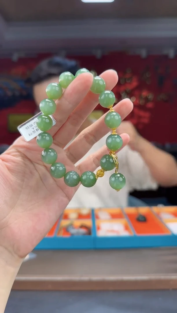 18K金镶嵌手串和田玉碧玉粉青diy单圈手串