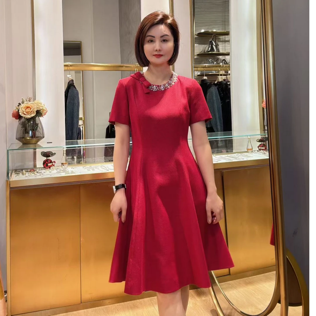 NIKOAGE 高端轻奢圆领A字显瘦气质钉珠红色婚宴聚会连衣裙SC4527