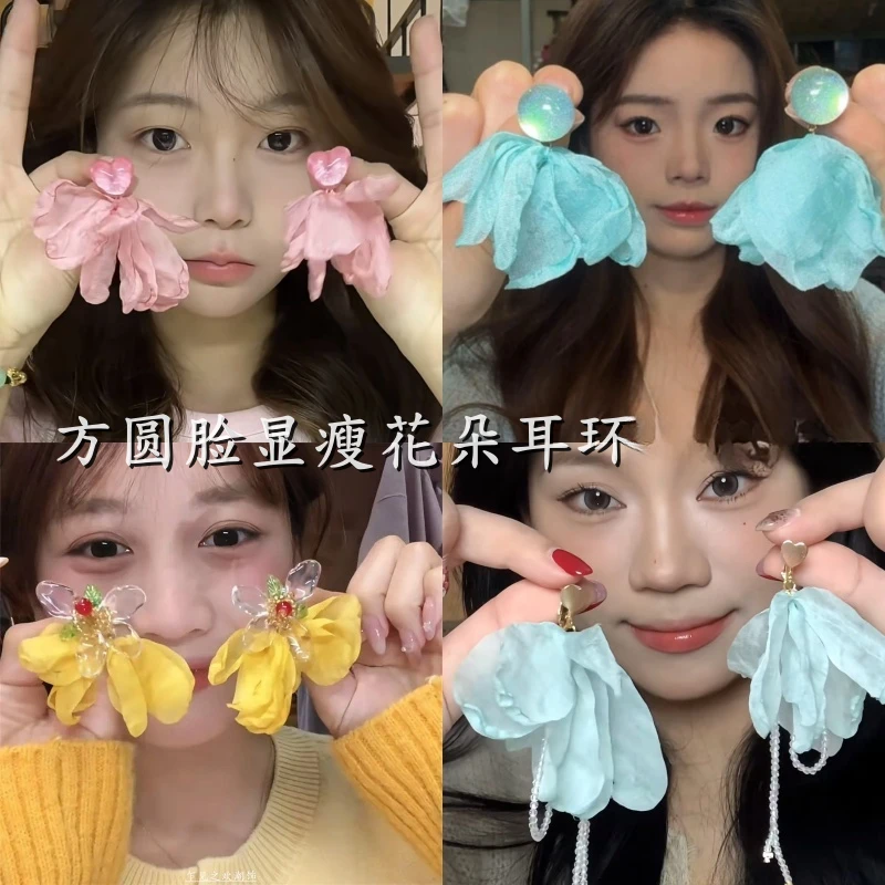 合金耳饰 方圆脸感耳环!春游超出片的花瓣耳钉甜假温柔风耳饰显瘦